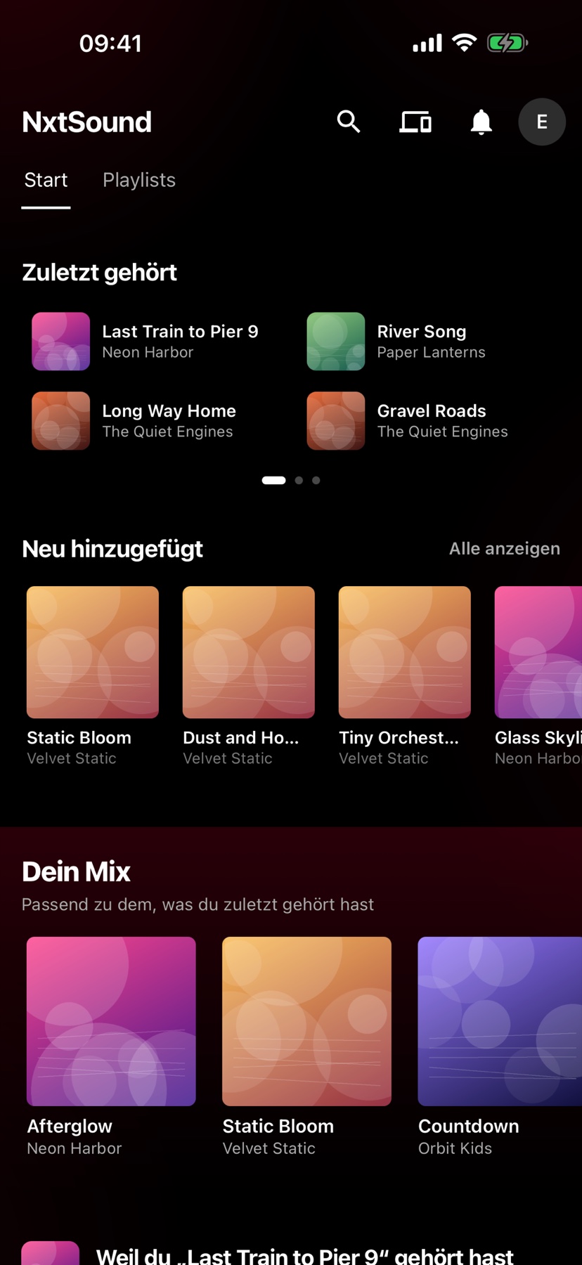 Die Startseite der NxtSound-App