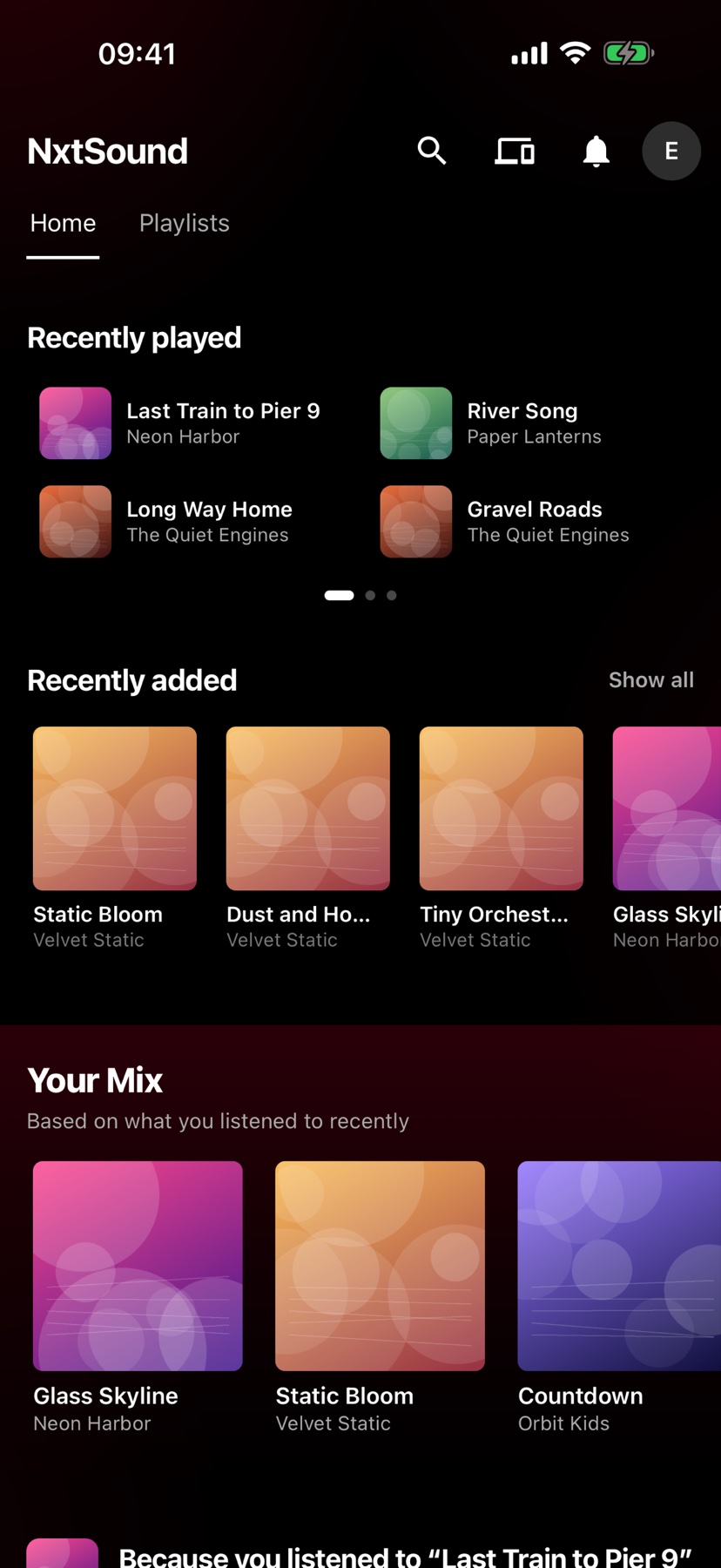 The home page of the NxtSound app