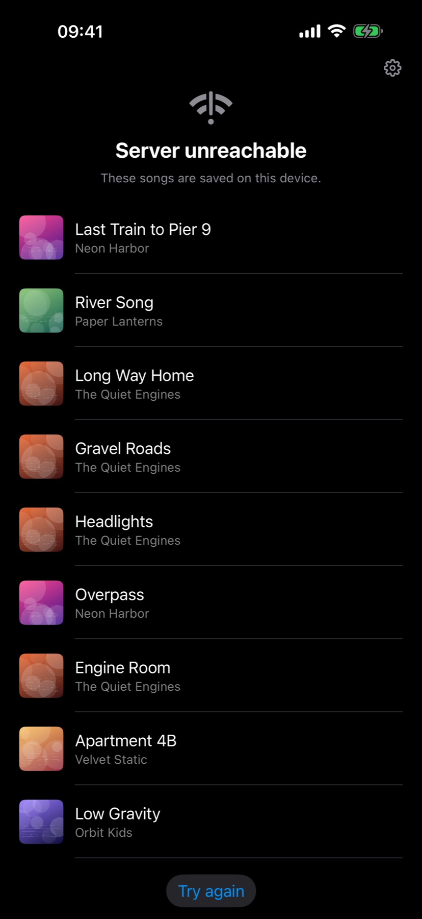 The offline mode listing the saved songs